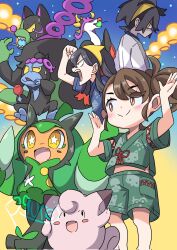 Rule 34 | 1boy, 2girls, black hair, blush, brown hair, candy apple, carmine (pokemon), clefairy, clenched hand, commentary request, creatures (company), fang, fezandipiti, food, game freak, gen 1 pokemon, highres, holding, holding food, jacket, japanese clothes, kieran (pokemon), lantern, mole, mole under eye, multicolored hair, multiple girls, munkidori, nintendo, ogerpon, okidogi, open mouth, orange eyes, pokemon, pokemon (creature), pokemon sv, red hair, rgurei0529, short sleeves, signature, skin fang, smile, star-shaped pupils, star (symbol), sweat, symbol-shaped pupils, yellow eyes