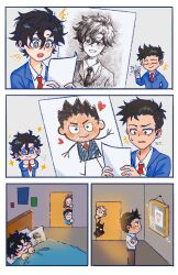 +_+ 1girl 3koma 5boys :3 alfred_pennyworth animification batman batman_(series) bedroom black_hair blue_eyes bruce_wayne child clark_kent comic damian_wayne dc_comics drawing father_and_son framed gift grandfather_and_grandson graphite_(medium) half-closed_eyes heart highres holding holding_paper iamkouna implied_yaoi jonathan_kent lois_lane male_focus messy_hair mother_and_son multiple_boys necktie nervous paper red_necktie school_uniform sparkling_eyes staring super_sons superman_(series) teeth traditional_media upper_teeth_only wide-eyed