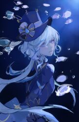Rule 34 | 1girl, air bubble, blue eyes, blue jacket, blue streaks, breasts, bubble, furina (genshin impact), genshin impact, hair between eyes, hat, heterochromia, jacket, long hair, long sleeves, looking at viewer, looking back, medium breasts, multicolored hair, open mouth, solo, streaked hair, submerged, sumi (suumiko ), top hat, unfinished, white hair