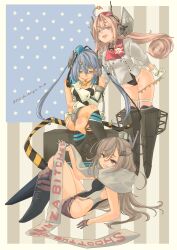 3girls absurdres american_flag aqua_hat ballet_boots bell black_one-piece_swimsuit black_ribbon breasts candy coat competition_swimsuit denim denim_skirt drum_(kancolle) food garrison_cap gloves grey_eyes grey_hair hair_ornament hair_rings hat headgear highleg highleg_one-piece_swimsuit highres kantai_collection lollipop long_hair looking_at_viewer multiple_girls neck_bell one-piece_swimsuit pink_hair pot-de red_hat ribbon scamp_(kancolle) scarf shorts side_ponytail skirt smile star_(symbol) star_hair_ornament swimsuit swimsuit_under_clothes two-tone_one-piece_swimsuit very_long_hair wahoo_(kancolle) white_background white_coat white_gloves white_scarf white_shorts