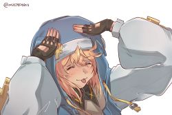 1boy :3 ah_eto..._bleh_(meme) black_gloves blue_hood bridget_(guilty_gear) closed_eyes closed_mouth commentary fingerless_gloves gloves guilty_gear guilty_gear_strive habit hair_between_eyes highres long_sleeves male_focus medium_hair meme mil17459623 parody puffy_long_sleeves puffy_sleeves retro_artstyle shirt simple_background smile solo taiho_shichauzo tongue tongue_out trap upper_body white_background white_shirt