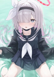 1girl absurdres black_hairband black_jacket black_serafuku black_shirt black_skirt blue_archive blush braid collarbone colored_inner_hair commentary grey_eyes grey_hair hair_over_one_eye hairband halo highres jacket long_hair looking_at_viewer multicolored_hair neckerchief number-only_commentary parted_lips partially_submerged pink_hair pink_pupils plana_(blue_archive) pleated_skirt red_halo school_uniform serafuku shirt sitting skirt solo very_long_hair wariza water wendao wet white_neckerchief