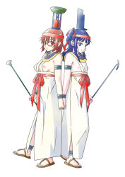 2girls ancient_egyptian_clothes armpit_crease blue_eyes blue_hair breastless_clothes breasts brown_eyes brown_hair cosplay egyptian_mythology flat_chest full_body hair_ribbon harada_ui highres holding_hands interlocked_fingers isis_(mythology) isis_(mythology)_(cosplay) large_breasts loli long_hair miyano_tomochika multiple_girls nephthys nephthys_(cosplay) nipples nishizawa_rika revealing_clothes ribbon rika_(series) sandals short_hair sidelocks simple_background sleeveless smile white_background
