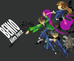 Rule 34 | 1girl, 2boys, bags under eyes, ben 10, ben 10: alien force, ben tennyson, black eyes, black hair, brown hair, brown pantyhose, green eyes, gwen tennyson, jacket, kevin levin, long hair, melay (khrssc), multiple boys, omnitrix, one eye closed, orange hair, pantyhose, short hair, skirt, smile, sweater