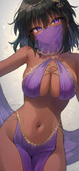 1girl alternate_costume arabian_clothes bare_shoulders belly_dancing black_hair blush breasts choker cleavage dancer dark-skinned_female dark_skin hair_ornament harem_outfit head_tilt highres idolmaster idolmaster_cinderella_girls large_breasts looking_at_viewer midriff mouth_veil natalia_(idolmaster) navel o-ring o-ring_top pelvic_curtain purple_eyes see-through_clothes short_hair smile solo standing stomach sweat trente veil