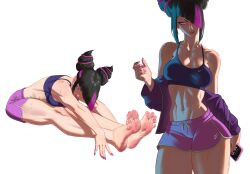 Rule 34 | 1girl, absurdres, armpit crease, bare legs, bare shoulders, barefoot, black hair, blue sports bra, breasts, cellphone, cleavage, commentary, cone hair bun, cowboy shot, dolphin shorts, english commentary, feet, foot focus, full body, hair bun, hair over one eye, han juri, hand up, highres, holding, holding phone, jacket, large breasts, legs, looking at viewer, multicolored hair, multiple views, nail polish, navel, one eye covered, open clothes, open jacket, parted lips, phone, pink shorts, purple eyes, purple hair, purple jacket, purple nails, reiss art, short eyebrows, short shorts, shorts, sidelocks, simple background, smartphone, soles, sports bra, spread toes, stomach, streaked hair, street fighter, stretching, thick thighs, thighs, toenail polish, toenails, toes, two-tone hair, v-shaped eyebrows, white background