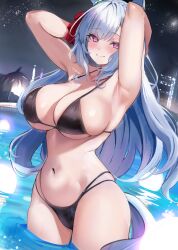1girl alternate_costume animal_ears armpits bikini black_bikini blue_hair blush braid breasts cleavage commentary_request crown_braid ear_ornament hair_between_eyes highres horse_ears horse_girl horse_tail inaba_(usanopo) large_breasts lens_flare long_hair mejiro_ardan_(umamusume) navel night outdoors partially_submerged pool purple_eyes smile solo stomach swimsuit tail umamusume very_long_hair water