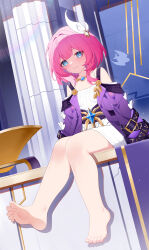 1girl barefoot blue_eyes breasts chinese_commentary coat commentary_request cyrene_(honkai:_star_rail) dress feet hair_ornament highres honkai:_star_rail honkai_(series) jewelry looking_at_viewer medium_hair muou necklace paid_reward_available pink_hair pink_pupils purple_coat sitting small_breasts smile soles solo toes white_dress