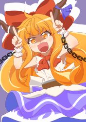 1girl belt bow bowtie brown_belt brown_horns commentary_request cowboy_shot fang hair_bow highres horn_bow horn_ornament horns horns_pose ibuki_suika kurohiba long_hair looking_at_viewer open_mouth orange_eyes orange_hair purple_bow purple_skirt red_bow red_bowtie shaded_face shirt skirt sleeveless sleeveless_shirt solo touhou v-shaped_eyebrows very_long_hair white_shirt