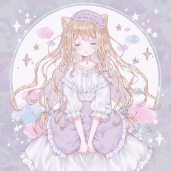 Rule 34 | 1girl, absurdres, animal ear fluff, animal ears, blonde hair, bow, cat ears, choker, closed eyes, cloud, collarbone, commentary, cowboy shot, frilled nightgown, frilled sleeves, frills, hair ornament, highres, holding, holding pillow, lace, lace choker, long hair, low-tied long hair, mask, mask on head, nightgown, original, parted lips, pillow, pom pom (clothes), pom pom hair ornament, sleep mask, solo, sparkle, star (symbol), symbol-only commentary, three-quarter sleeves, ting (tingiiio), white bow, white nightgown
