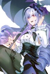 Rule 34 | 1girl, ascot, black nails, black pantyhose, bow, clothing request, fangs, frilled ascot, frilled sleeves, frills, hair bow, holding, holding umbrella, jingle23, long hair, mole, mole under eye, open mouth, pantyhose, purple hair, red eyes, ringlets, sidelocks, simple background, slit pupils, solo, tongue, tongue out, twintails, twitter username, umbrella, underbust, vivian banshee, white background, zenless zone zero