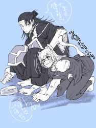 2boys :p all_fours animal_ears asymmetrical_clothes barefoot black_eyes black_pants black_robe blue_background blue_hair bowl cat_boy cat_ears cat_tail clothing_cutout getou_suguru getou_suguru_(kenjaku) hair_bun heterochromia highres ivii3 japanese_clothes jujutsu_kaisen kemonomimi_mode kimono looking_at_another mahito_(jujutsu_kaisen) male_focus multiple_boys pants pet_bowl robe shoulder_cutout single_hair_bun smile speech_bubble stitched_arm stitched_face stitches tabi tail tail_wagging thought_bubble tongue tongue_out yukata