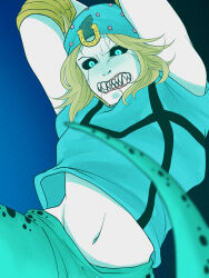 1boy absurdres armband arms_up beanie black_sclera blonde_hair blue_eyes blue_hat blue_hoodie blue_pants colored_sclera commentary commentary_request cracked_skin dinosaur_tail hat highres hood hood_down hoodie horseshoe_hat_ornament horseshoe_ornament johnny_joestar jojo_no_kimyou_na_bouken m_a_a_m_8 medium_hair monster_boy navel pants scary_monsters_(stand) sleeveless sleeveless_hoodie stand_(jojo) star_(symbol) star_print steel_ball_run tail transformation yellow_armband