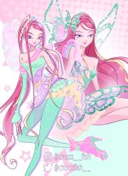 1girl alternate_costume animal_print aqua_background arm_warmers bad_id bad_twitter_id bare_legs bare_shoulders belt blonde_hair bodysuit boots butterflix butterfly_hair_ornament butterfly_print butterfly_wings chocofish collarbone commentary cosmix dress english_commentary eyelashes eyeshadow fairy fairy_wings frilled_dress frills green_arm_warmers green_bodysuit green_dress green_eyeshadow green_wings hair_ornament half-closed_eyes halftone halftone_background happy high_heel_boots high_heels high_side_ponytail highres insect_wings instagram_username kneeling light_blush lipstick long_hair magical_girl makeup mascara multicolored_hair multiple_views parted_lips pink_background pink_boots pink_eyeshadow pink_hair pink_lips pink_wings purple_dress purple_eyes roxy_(winx_club) short_dress single_arm_warmer star_(symbol) star_hair_ornament strapless strapless_bodysuit strapless_dress streaked_hair twitter_username two-tone_hair very_long_hair watermark white_background wings winx_club yellow_belt