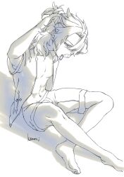 Rule 34 | 1boy, albedo (genshin impact), barefoot, feet, fingernails, genshin impact, greyscale, hair between eyes, highres, kemono j, legs, male focus, monochrome, navel, open clothes, open shirt, shorts, soles, toes, topless male