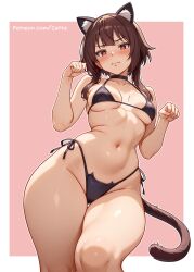 1girl absurdres animal_ears bikini black_bikini black_choker blush border breasts brown_hair cat_ears cat_tail cetta_(cettadvd) choker collarbone curvy fake_animal_ears groin highres kono_subarashii_sekai_ni_shukufuku_wo! looking_at_viewer medium_breasts megumin micro_bikini navel patreon_username paw_pose red_eyes solo stomach swimsuit tail thigh_gap thighs v-shaped_eyebrows watermark wavy_mouth web_address white_border wide_hips