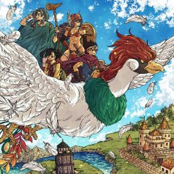 2boys 2girls abs armor bikini_armor bird black_gloves black_hair blue_tunic breasts brick_wall brown_gloves castle circlet cleavage cloak closed_mouth dragon_quest dragon_quest_iii elbow_gloves falling_feathers feathers gem gloves green_gemstone green_robe hair_between_eyes hand_in_own_hair hand_on_own_hip helmet highres holding holding_shield holding_weapon long_hair martial_artist_(dq3) medium_breasts midriff multiple_boys multiple_girls navel neckerchief open_mouth pants pelvic_curtain purple_cloak purple_hair red_gloves red_helmet red_neckerchief riding riding_bird river robe roto_(dq3) sage_(dq3) shield shirt short_hair shoulder_armor smile toriga tower tunic twintails warrior_(dq3) weapon white_feathers winged_helmet yellow_pants yellow_shirt