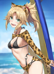 1girl animal_ears animal_print bikini black_bikini blonde_hair blue_sky blurry blurry_background breasts cloud day fake_animal_ears fake_tail fangs fate/apocrypha fate_(series) green_eyes highres leopard_ears leopard_print leopard_tail looking_at_viewer medium_breasts mordred_(fate) navel o-ring open_mouth outdoors ponytail short_hair sky smile solo swimsuit tail teeth tonee
