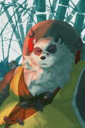 1boy animal animal_ears animal_on_shoulder bamboo bara bell bird black_fur chinese_clothes chinese_commentary closed_eyes commentary_request dated fat fat_man furry furry_male highres jingle_bell male_focus open_mouth pan_yinhu panda_boy panda_ears round_eyewear shirt signature sleeping white_fur wok yellow_shirt yuebanjiuri zenless_zone_zero