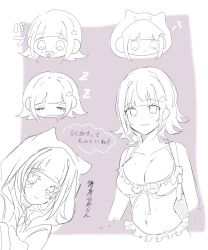 1girl :i aged_down alternate_hair_ornament animal_ears baby bare_shoulders bikini blush_stickers breasts child cleavage closed_mouth danganronpa_(series) danganronpa_2:_goodbye_despair fake_animal_ears groin hair_ornament highres hood hood_up large_breasts mole mole_on_breast multiple_views nanami_chiaki navel pacifier pote_(pote_39) short_hair sleeping speech_bubble stomach swimsuit translation_request two-tone_background zzz