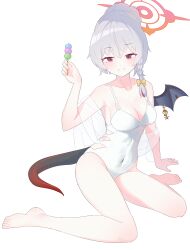1girl :d absurdres bare_legs bare_shoulders barefoot blue_archive blush bow braid breasts casual_one-piece_swimsuit chinese_commentary cleavage collarbone commentary_request covered_navel dango demon_girl demon_tail demon_wings food full_body grey_hair grin hair_between_eyes hair_bow hair_bun halo hand_up happy haruna_(blue_archive) haruna_(swimsuit)_(blue_archive) highleg highleg_one-piece_swimsuit highres holding holding_food lcz looking_at_viewer medium_breasts medium_hair official_alternate_costume official_alternate_hairstyle one-piece_swimsuit open_mouth piercing red_eyes red_halo sanshoku_dango see-through_clothes see-through_shawl shadow shawl simple_background single_braid single_hair_bun single_wing sitting smile solo swimsuit tail thighs toes tsurime wagashi wariza white_background white_one-piece_swimsuit white_shawl wing_piercing wings yellow_bow