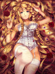 1girl absurdly_long_hair blonde_hair blue_eyes braid buttons corset cropped_legs expressionless flower frilled_corset frills knee_up long_hair looking_at_viewer lying on_back on_bed original purple_flower purple_petals rapunzel_(fairy_tale) rapunzel_(fairy_tale_character) red_flower red_petals red_rose red_sheet rose tanaka_minami_(south-k) thigh_strap thighhighs very_long_hair white_corset white_thighhighs