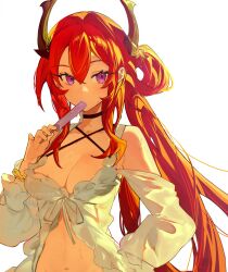 1girl adversarial_noise arknights black_choker black_horns breasts choker cleavage commentary english_commentary fingernails food food_in_mouth glint hair_between_eyes hair_intakes hair_ornament highres holding holding_food holding_popsicle horns long_hair long_sleeves looking_at_viewer medium_breasts navel official_alternate_costume orange_hair popsicle popsicle_in_mouth purple_eyes red_hair simple_background solo star_(symbol) star_hair_ornament surtr_(arknights) surtr_(colorful_wonderland)_(arknights) sweat watermark white_background yun-yang