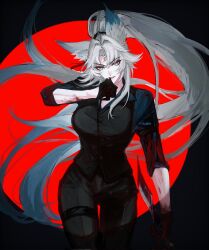 1girl animal_ear_fluff animal_ears aqua_eyes black_gloves black_pants black_shirt breasts commentary feixiao_(honkai:_star_rail) forehead_jewel fox_ears fox_girl gloves grey_hair highres holding holding_sword holding_weapon honkai:_star_rail honkai_(series) large_breasts long_hair pants shirt solo sword symbol-only_commentary very_long_hair weapon yziyiling