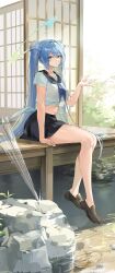 Rule 34 | 1girl, absurdres, bare legs, black sailor collar, black skirt, blue hair, blue neckerchief, breasts, brown shoes, choyeon, closed mouth, commentary request, crop top, crop top overhang, full body, grey eyes, halo, hand up, highres, korean commentary, large breasts, loafers, long hair, looking at viewer, low wings, midriff, mini wings, miniskirt, navel, neckerchief, original, sailor collar, school uniform, see-through silhouette, serafuku, shirt, shoes, short sleeves, sitting, skirt, smile, solo, thighs, transparent, transparent umbrella, twintails, umbrella, veranda, very long hair, white shirt, wings