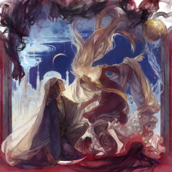 1boy 1girl arabian_nights barefoot black_hair blue_headwear bracelet commentary crescent_moon dark_skin dome dress closed_eyes fish genie hand_up highres holding holding_sword holding_weapon jar jewelry long_hair long_sleeves moon necklace noir_(ibaraki) on_one_knee pointing red_dress robe scheherazade_(arabian_nights) scimitar shahrayar sky skyline smoke sword water weapon white_hair wide_sleeves