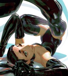 black_hair boots character_request commentary copyright_name copyright_request english_commentary gloves highres jeremy_anninos latex latex_boots latex_gloves latex_legwear latex_leotard leotard looking_at_viewer one_eye_closed parted_lips shiny_clothes thigh_boots upside-down