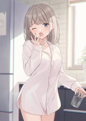 1girl ;o blunt_bangs blush borrowed_clothes breasts character_request cleavage collarbone copyright_request cup grey_hair highres holding holding_cup indoors kitchen looking_at_viewer medium_breasts morning one_eye_closed open_collar oversized_clothes oversized_shirt refrigerator shiromikan shirt sleepy solo sunlight tears water white_shirt yawning