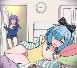Rule 34 | 2girls, ahoge, analog clock, aqua eyes, bedroom, black bow, black hairband, blue hair, blue jacket, blue pajamas, blue shorts, blush, bottomless, bow, bow hairband, braid, braided twintails, bright pupils, camisole, cardigan, caught, cellphone, clock, collarbone, commentary request, double-parted bangs, eyes visible through hair, female masturbation, female pubic hair, flat chest, hair between eyes, hair bow, hair over one eye, hairband, head on pillow, highres, indoors, jacket, long bangs, long hair, long sleeves, low-tied long hair, lying, masturbation, messy hair, multiple girls, nipples, no bra, nose blush, off shoulder, on side, open cardigan, open clothes, open door, open mouth, orange eyes, original, pajamas, parted bangs, partially unbuttoned, petite, phone, pillow, polka dot, polka dot bow, pubic hair, purple hair, saliva, short shorts, shorts, sketch, smartphone, strap slip, striped cardigan, surprised, sweat, timestamp, twintails, urushiushiru, v-shaped eyebrows, walk-in, wardrobe, wavy mouth, white bow, white pupils, yellow camisole