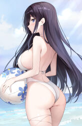 1girl ass ball beachball black_hair blue_eyes blue_sky breasts cowboy_shot earrings highres holding holding_ball holding_beachball jewelry large_breasts long_hair one-piece_swimsuit original oryo_(oryo04) sky solo strap_gap stud_earrings swimsuit very_long_hair white_one-piece_swimsuit