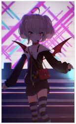 Rule 34 | 1girl, ahoge, bat necklace, border, collar, dyed ahoge, highres, looking at viewer, makaino ririmu, makaino ririmu (2nd costume), microphone, nijisanji, off-shoulder jacket, off shoulder, red collar, red eyes, red wings, sabamen, sleeves past wrists, solo, striped clothes, striped thighhighs, thighhighs, virtual youtuber, white border, wings