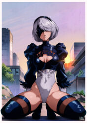 1girl 2b_(nier:automata) absurdres android black_boots boots breasts cleavage_cutout clothing_cutout covered_eyes covered_navel crotch feather-trimmed_sleeves feather_trim full_body gloves gravydood headband highleg highleg_leotard highres leotard medium_breasts mole mole_under_mouth multicolored_leotard nier:automata nier_(series) pelvis presenting short_hair solo squatting squatting_cowgirl_position thick_thighs thigh_boots thighhighs thighs two-tone_leotard white_gloves white_hair