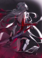 Rule 34 | 1girl, absurdres, acheron (honkai: star rail), black gloves, black shorts, boots, closed mouth, coat, colored extremities, commentary, floating hair, from behind, gloves, highres, holding, holding sheath, holding sword, holding weapon, honkai: star rail, honkai (series), jw (wrdawrda), long hair, looking at viewer, official alternate color, official alternate hair color, red eyes, red hands, sheath, short shorts, shorts, sideways glance, single bare arm, single glove, single thigh boot, single wide sleeve, solo, standing, sword, symbol-only commentary, thigh boots, unsheathing, weapon, white coat, white hair