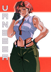 1girl breasts curvy female_focus formal_clothes gloves leather looking_at_viewer medium_breasts muscular muscular_female pale_skin pants red_eyes red_hair shiny_skin shirt short_hair sleeveless solid_vito solidvitoart standing suspenders the_king_of_fighters thick_thighs thighs toned toned_female vanessa_(kof) white_shirt wide_hips