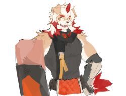 1boy arknights bara colored_tips fangs furry furry_male hashtag-only_commentary holding holding_shield horns hung_(arknights) komainu_boy komainu_ears komainu_tail looking_at_viewer male_focus multicolored_hair muscular muscular_male open_mouth shield sinarbis single_horn smile white_background