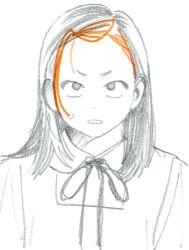 1girl forehead greyscale guide long_hair looking_at_viewer monochrome noobboy_02 parted_lips ribbon signature simple_background solo white_background
