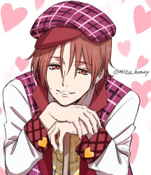 1boy brown_eyes brown_hair fingernails hat heart highres hikari_(mitsu_honey) king_of_prism long_sleeves looking_at_viewer male_focus mole mole_under_eye parted_lips pretty_rhythm pretty_series purple_hat short_hair solo twitter_username yamada_ryou_(pretty_series)