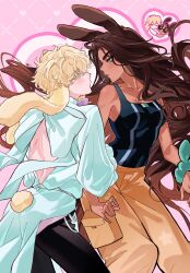 1boy 1girl absurdres alien_stage back_bow back_cutout black_pants black_tank_top blonde_hair bow bracelet breasts brown_hair brown_pants closed_mouth clothing_cutout collarbone colored_eyelashes commentary_request dark-skinned_female dark_skin eye_contact floppy_ears grey_eyes heart highres hyuna_(alien_stage) jewelry lolo_(myon_creative) long_hair looking_at_another luka_(alien_stage) pants pink_background rabbit_boy rabbit_girl rabbit_tail shirt short_hair tail tank_top very_long_hair very_short_hair white_bow white_shirt yellow_eyes
