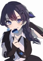 1girl arm_up black_hair black_jacket black_necktie black_skirt blue_eyes braid closed_mouth clothes_grab collared_shirt commentary dress_shirt hair_ornament hair_over_shoulder highres i_do_me!_(love_live!) jacket link!_like!_love_live! long_hair looking_at_viewer love_live! mouth_hold murano_sayaka necktie neckwear_grab official_alternate_costume official_alternate_hairstyle pleated_skirt plectrum plectrum_in_mouth sango_(sin5_do_sng) shirt short-sleeved_jacket short_sleeves side_braid simple_background single_braid single_sleeve skirt smile solo upper_body v-shaped_eyebrows virtual_youtuber white_background white_shirt x_hair_ornament