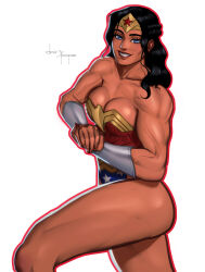 1girl absurdres armor bare_shoulders black_hair breasts clenched_hands dc_comics highres large_breasts long_hair muscular muscular_female pope_of_dairy red_lips simple_background solo strapless thick_thighs thighs veins veiny_arms white_background wonder_woman