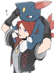 Rule 34 | 1boy, arms up, black jacket, gen 2 pokemon, gloves, grey shirt, highres, jacket, looking up, lower teeth only, male focus, mocollie, nintendo, official alternate costume, on head, open clothes, open jacket, open mouth, parted bangs, pokemon, pokemon (creature), pokemon masters ex, pokemon on head, red hair, shirt, silver (pokemon), silver (sygna suit) (pokemon), sneasel, sweatdrop, teeth, translation request, white background