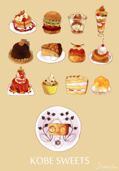 bread burger cake cake_slice cherry commentary_request food food_focus fruit highres ice_cream no_humans original parfait pastry plate pudding sorata123 strawberry_syrup syrup