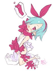 1girl blue_hair blush commentary_request disgaea disgaea_rpg dress flat_chest full_body hairband harada_takehito high_heels highres kneeling looking_at_viewer open_mouth original pleinair pointy_ears red_eyes scarf short_hair solo white_dress