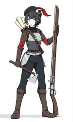 1girl absurdres armor axe backpack bag bandolier belt black_hair black_pants boots brown_gloves comet ear_piercing empire_(warhammer_fantasy) engineer gloves grey_eyes gun hat hat_feather highres holding holding_axe korean_commentary landsknecht long_sleeves mp_sg musket original pants piercing scroll shadow short_hair simple_background solo tomboy tomboy_nuln_mercenary_(mp_sg) warhammer_fantasy weapon white_background