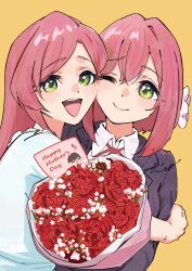 2girls absurdres aijou_rentarou artist_name black_jacket blush bouquet closed_mouth commentary_request dress english_text female_focus flower green_eyes hair_between_eyes hanazono_hahari hanazono_hakari happy_mother&#039;s_day highres hug jacket kimi_no_koto_ga_dai_dai_dai_dai_daisuki_na_100-nin_no_kanojo long_hair looking_at_viewer mature_female mole mole_under_eye mother&#039;s_day mother_and_daughter multiple_girls ohananomitsu_high_school_uniform one_eye_closed open_mouth pink_hair red_flower red_rose rose school_uniform shirt short_hair smile teeth uminonimu532 upper_teeth_only white_dress white_shirt yellow_background