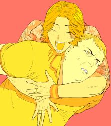 2boys anger_vein closed_eyes daisuke_(mouthwashing) floral_print hawaiian_shirt hibiscus_print highres hug jewelry krskwndr limited_palette male_focus mature_male mouthwashing multiple_boys multiple_rings open_mouth pink_background ring shirt short_hair short_sleeves smile swansea_(mouthwashing) sweatband teeth